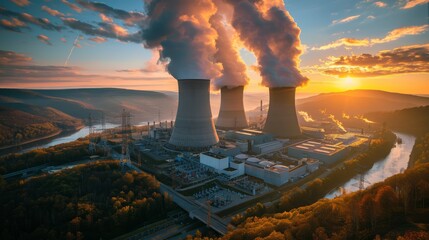 A large nuclear power plant with cooling towers emitting steam, set in a valley with a winding river. The golden sunset casts a warm glow over the industrial and natural landscape