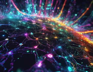 Naklejka premium neon abstract design with pink, blue, and orange networks. It could represent technology, neural networks, or AI. 