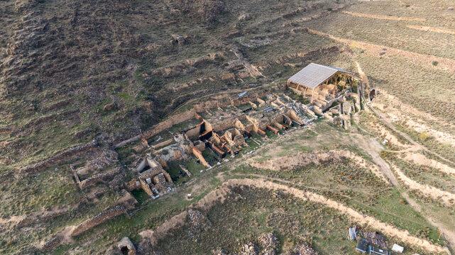 Aerial View of Ancient Ruins of Augusta Bilbilis in northern Spain on Hillside
