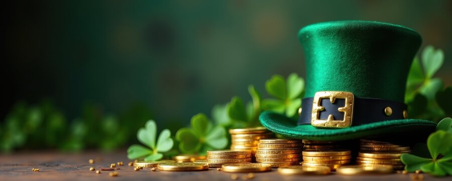Celebrate St. Patrick's Day with a vibrant green hat and golden coins surrounded by shamrocks, perfect for festive promotions and themed events.