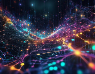 Abstract network background. An intricate web of vibrant lines connects glowing nodes in shades of blue, orange, and purple, set against a dark backdrop