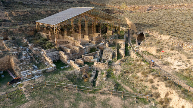 Aerial View of Ancient Ruins of Augusta Bilbilis in northern Spain with Protective Canopy