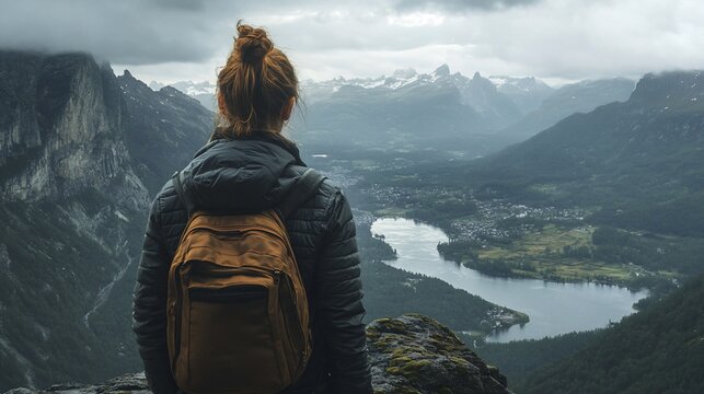 Hiker views valley with river in misty mountains, use for travel/nature
