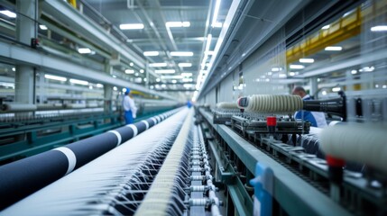 Fototapeta premium High-tech weaving machine processing threads into fabric in a bright factory, highlighting industrial precision, efficiency, and textile production