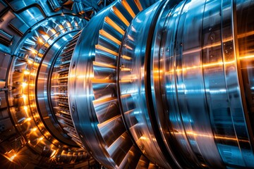 Detailed close-up of a high-tech industrial turbine with metallic rotating blades illuminated by warm and cool lighting, showcasing precision engineering