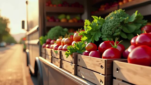 Tomatoes and Vetables on a Blurred Truck Animation