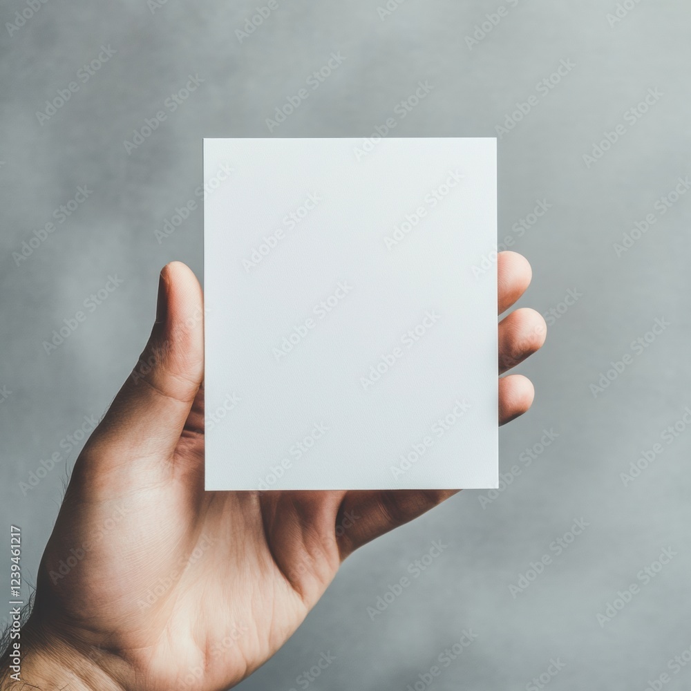 Leinwandbilder Hand holding a plain blank square sheet against a soft gray background in a simple and minimalistic composition. Generative AI