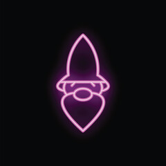 Glowing neon illustration of a dwarf with a big beard wearing a pointed hat on black background