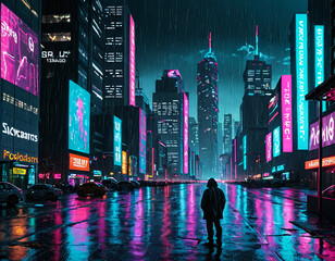 A digitally rendered cityscape glows with neon lights in the rain. A lone figure stands looking out at the slick streets