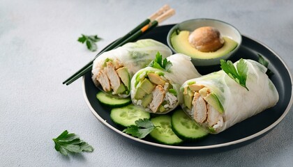 thinly sliced chicken with cucumber and avocado chicken rice paper roll cilantro