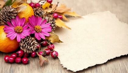 Fototapeta premium Colorful autumn arrangement with flowers, fruits, and pine cones