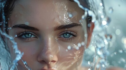 Intense close-up of a woman face with piercing blue eyes, wet skin, and splashing water droplets, creating a fresh, radiant, and rejuvenating effect