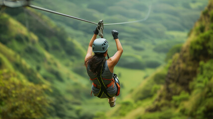 Woman in helmet and harness ziplining over a vibrant green valley. A thrilling outdoor adventure surrounded by lush tropical hills and scenic landscapes