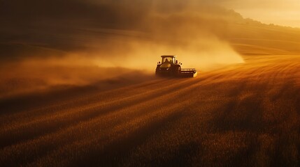 Fototapeta premium Tractor harvesting golden wheat field at sunset, dust trails visible.