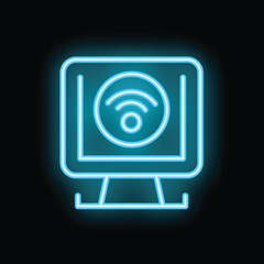 Blue neon computer icon with wifi symbol glowing on black background