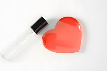 Heart-Shaped Dish and Lip Gloss with Black Cap on White Background