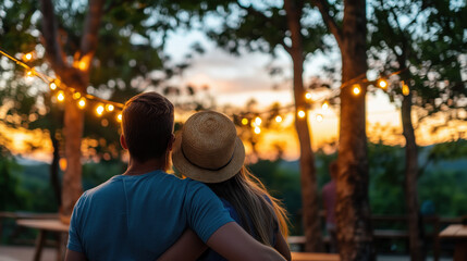 Tourists embracing and admiring a beautiful sunset at an eco-resort adorned with string lights, creating a romantic and sustainable travel experience