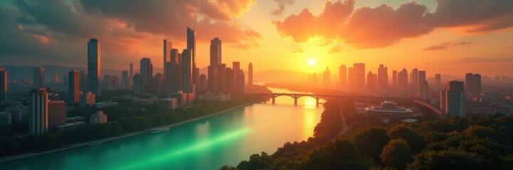 Fototapeta premium Captivating panoramic view of a city at sunset, perfect for St. Patrick's Day celebrations and promotions. Celebrate with green-themed designs and festive vibes.