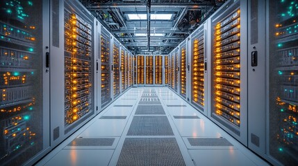Modern data center with rows of illuminated servers and cables, showcasing advanced technology