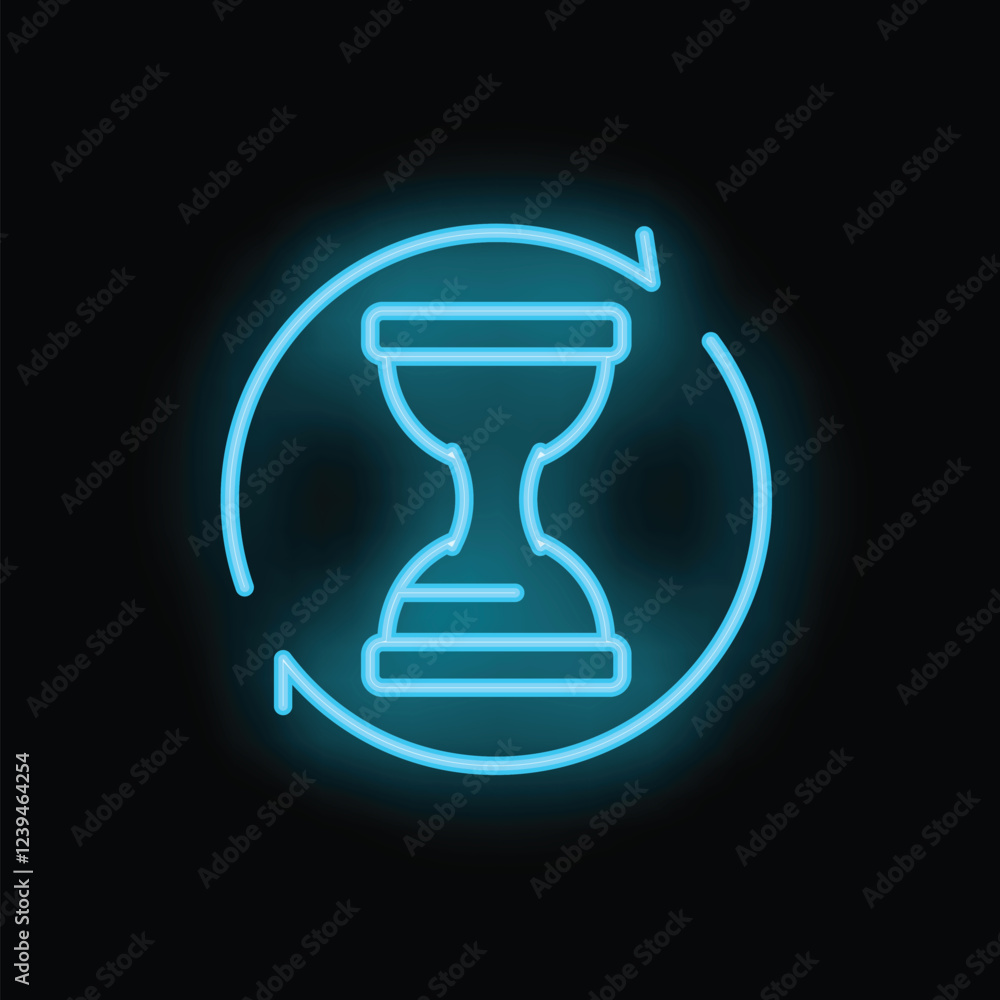 Poster glowing neon blue hourglass showing repeating time passing inside a circle, concept of history repea