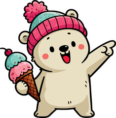 polar bear cub holding ice cream and pointing direction