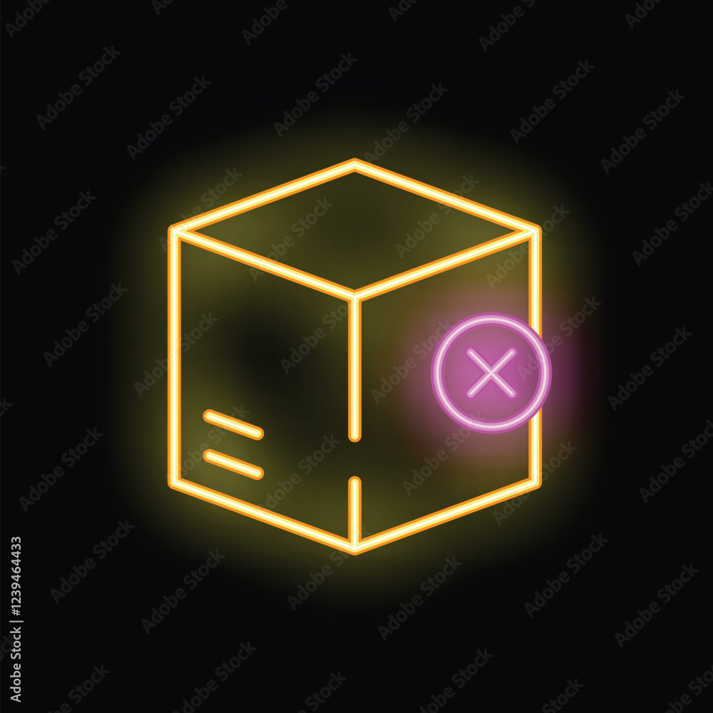 Aufkleber neon glowing symbol of a cardboard box with a cross, representing a problem with a delivery or order