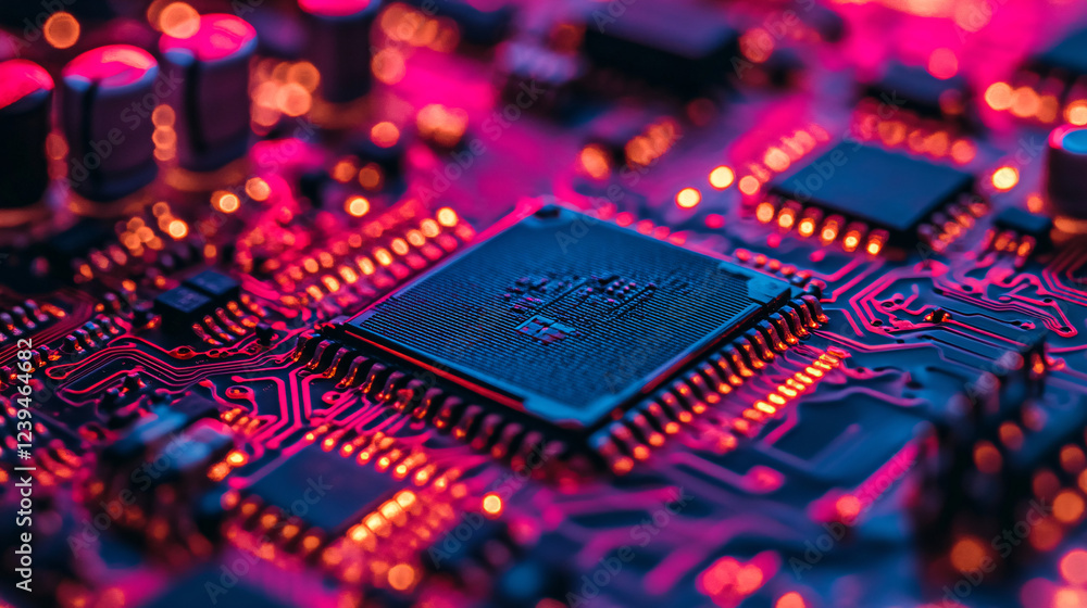 Poster close-up of a neon circuit board with intricate details on a dark surface.