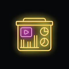 Neon sign showing a content marketing strategy with a video player, charts, and bars