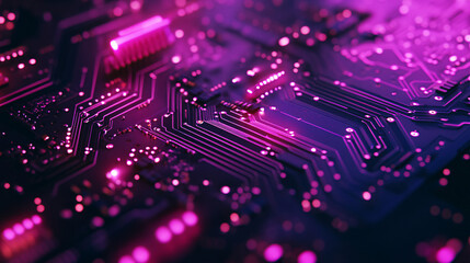 Fototapeta premium Close-up of a neon circuit board with intricate details on a dark surface. 