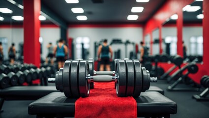Fototapeta premium pair of dumbbells resting on a black bench in a gym. The bench is covered with a red towel. In the background, there are other gym equipment and people working out. 
