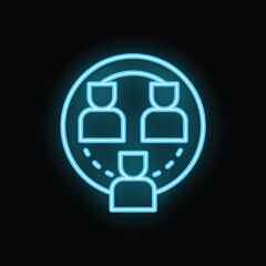Glowing blue neon icon of three people networking and connecting with each other