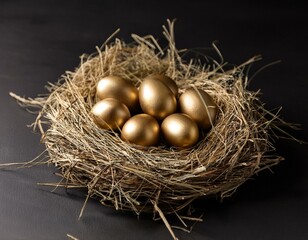 Fototapeta premium cluster of golden eggs in straw on a minimal black backdrop