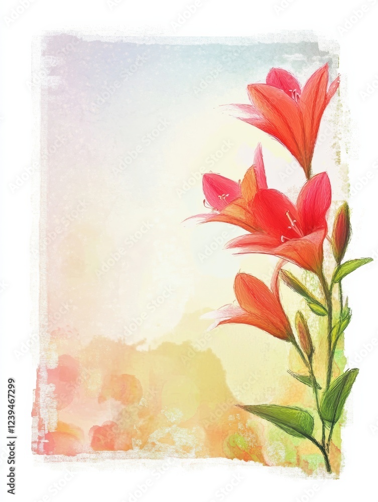 Poster bright red blooming flowers against a soft pastel background in a tranquil setting. generative ai
