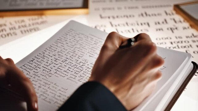 Close-up of a business professional writing in a journal with motivational quotes in the background --no noise