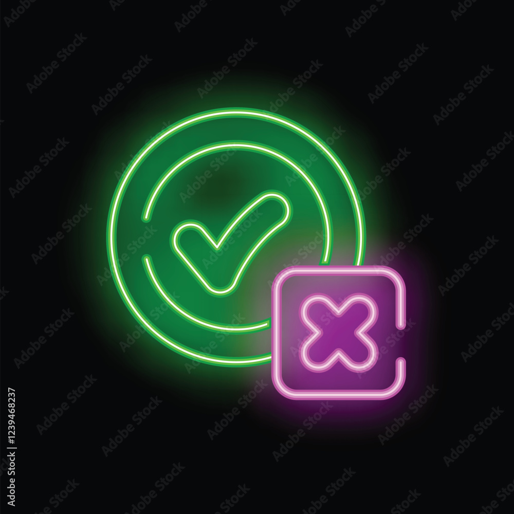 Poster neon green tick icon and red cross sign showing different status for success and fail