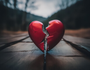 Broken in two red love heart over a crack in a road to depict concept of divorce, heartbreak, separation, separate ways, dark moody vibe.