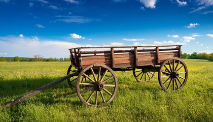 Fototapeta premium old wooden cart in a scenic countryside field with blue sky