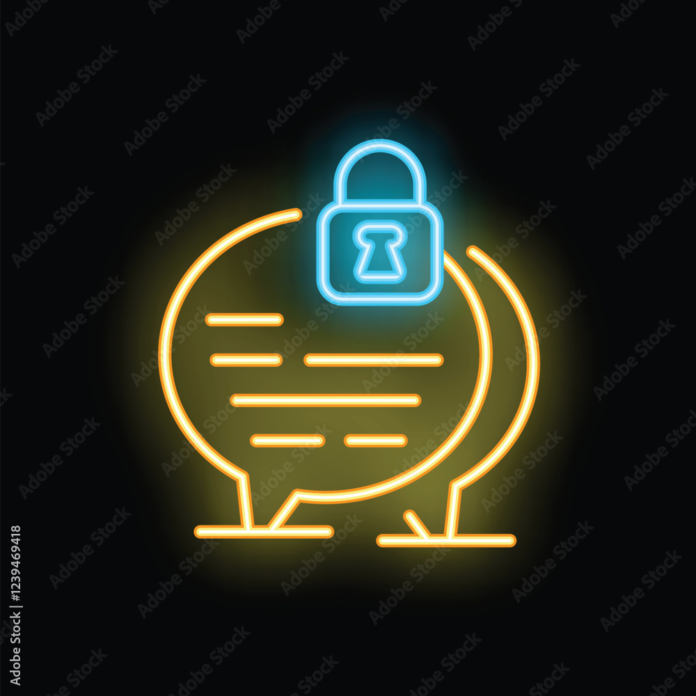 Poster yellow neon icon of a speech bubble with lines of text and a blue padlock on top, representing the c