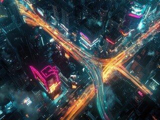 Obraz premium Night city highway intersection, aerial view, traffic lights, urban landscape, website banner