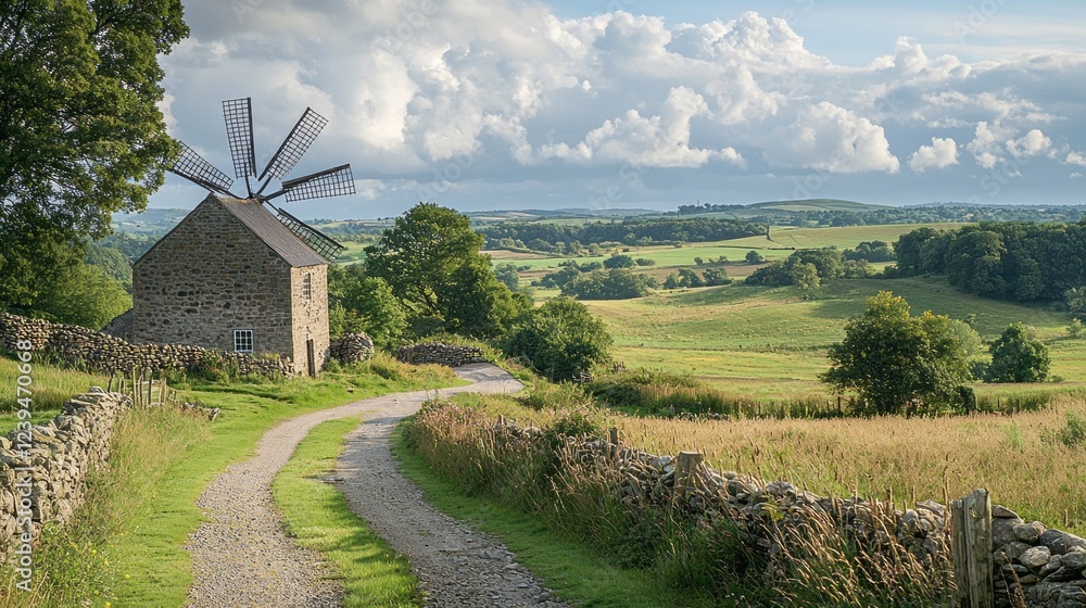 Poster a picturesque windmill stands proudly in a serene countryside, surrounded by lush fields and dotted 