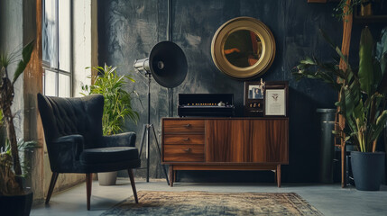 : Gramophone on Wooden Cabinet with Black Chair in Dark Retro Room