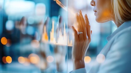fuzzy Businesswoman analyzing digital graphs reflecting on glass wall for corporate strategy