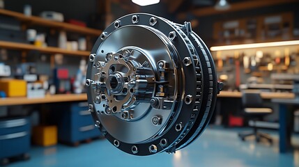 Mechanical object floats in workshop with tools background. Uses Engineering