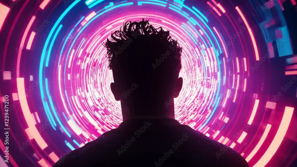 Poster this captures an individual standing before a dynamic digital portal filled with colorful lights and