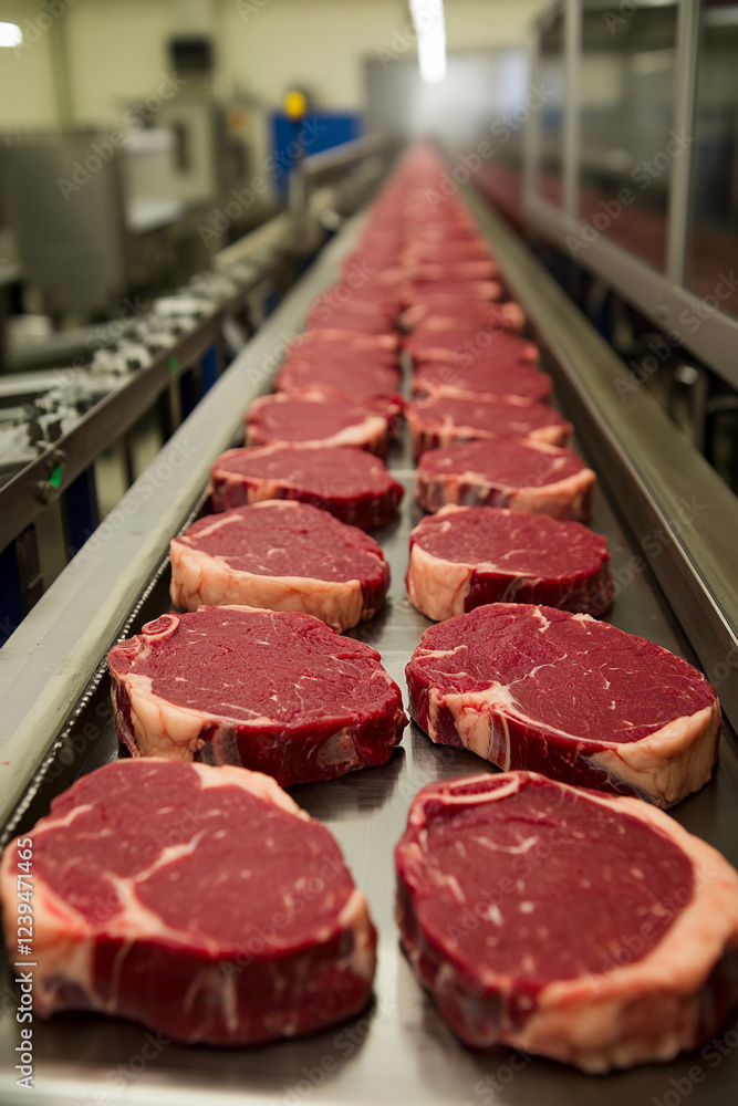 Poster freshly cut beef steaks on a processing line in factory