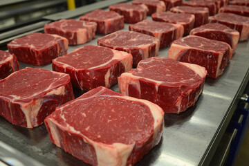 Fototapeta premium Fresh cuts of ribeye steaks display in a butchery