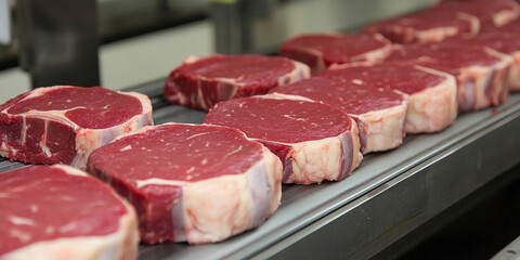 Fototapeta premium Fresh cuts of meat on a conveyor belt in a butcher shop