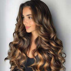 Beautiful woman with long, wavy hair styled elegantly