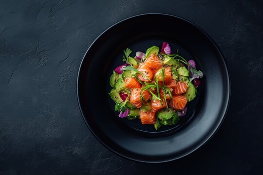 Nikkei cuisine from Peru Top view of salmon avocado ceviche on a dark plate against a black backdrop