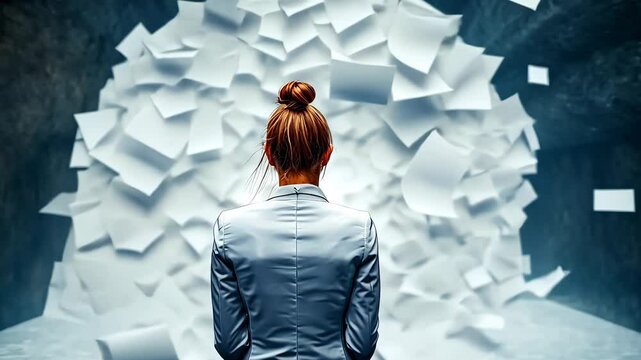 A person stands in front of a dynamic background filled with scattered papers, symbolizing creativity and the process of brainstorming in an office environment
